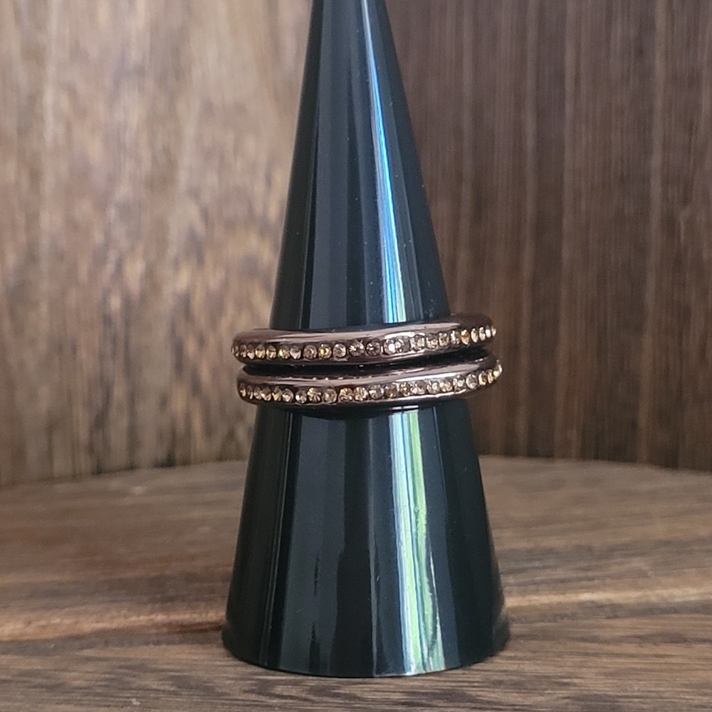 Vintage Fossil Stacking Rings Brown Chrome Brown Sugar CZ Facetated Gems Sz 7.5
